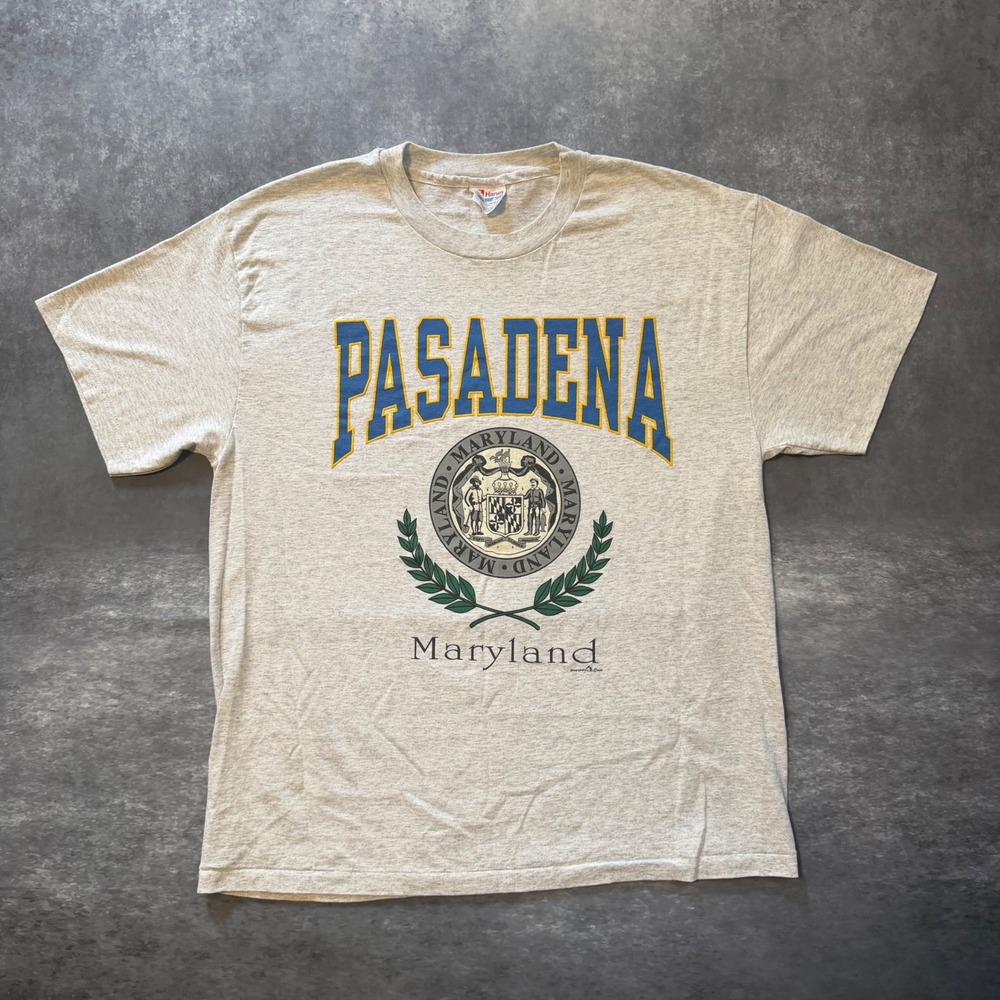 Vintage 1995 Hanes Pasadena Maryland Shirt Mens L Gray Single Stitch Crest Tee